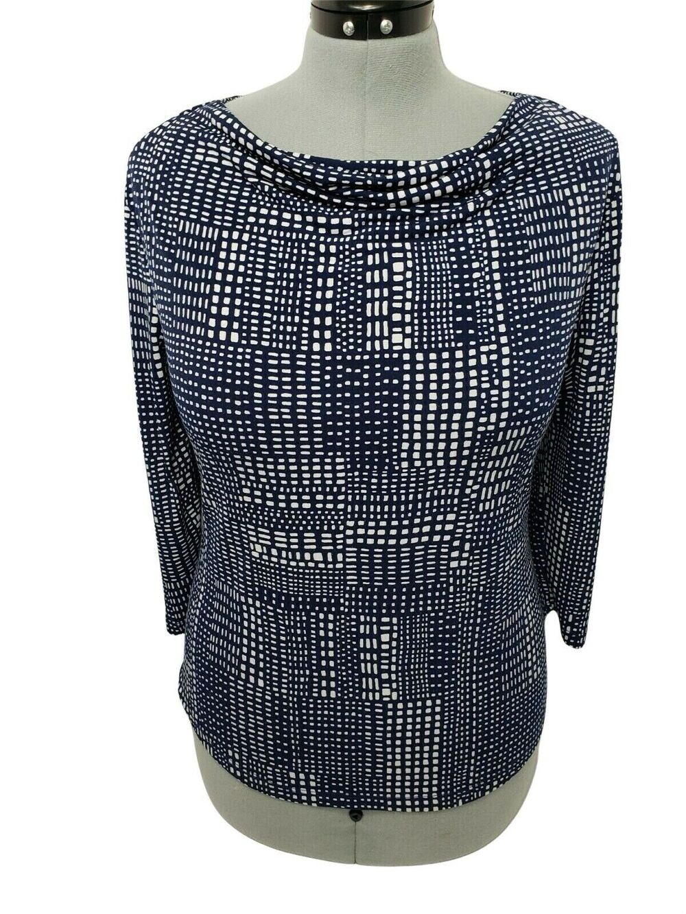 Liz Claiborne Women's PL Blue White Geometric 3/4 Sleeve Stretch Top Petite